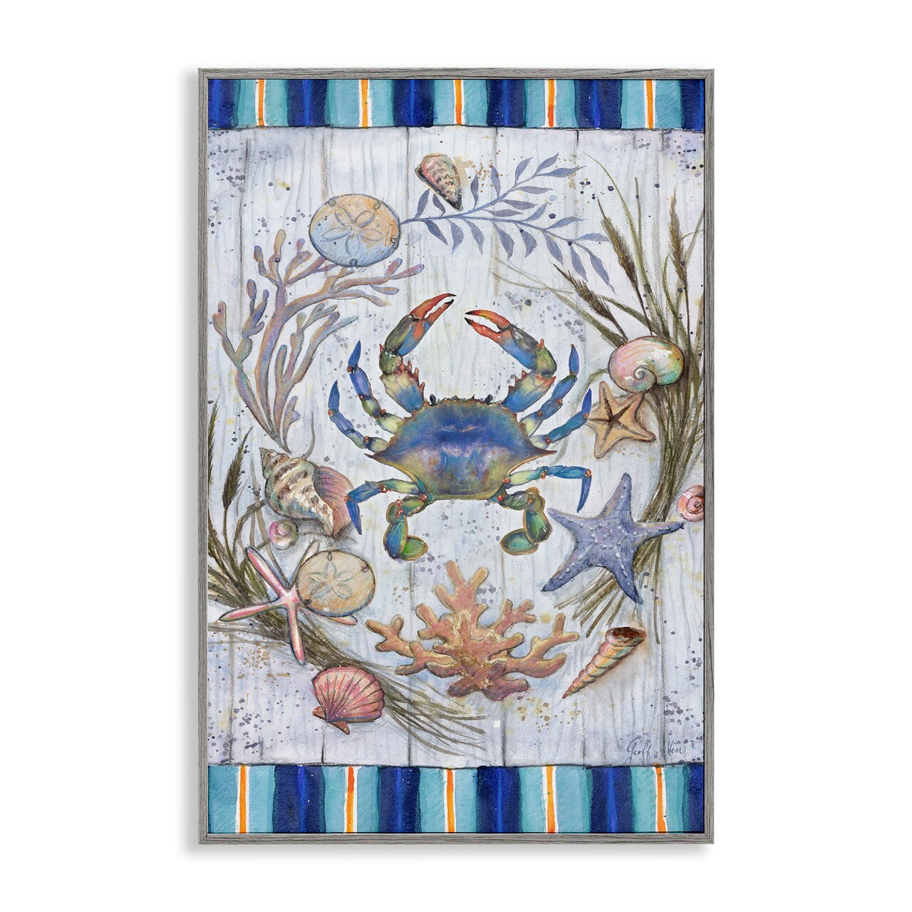 Stupell Industries Coastal Wreath & Crab Framed Giclee Wall Art Design by Geoff Allen
